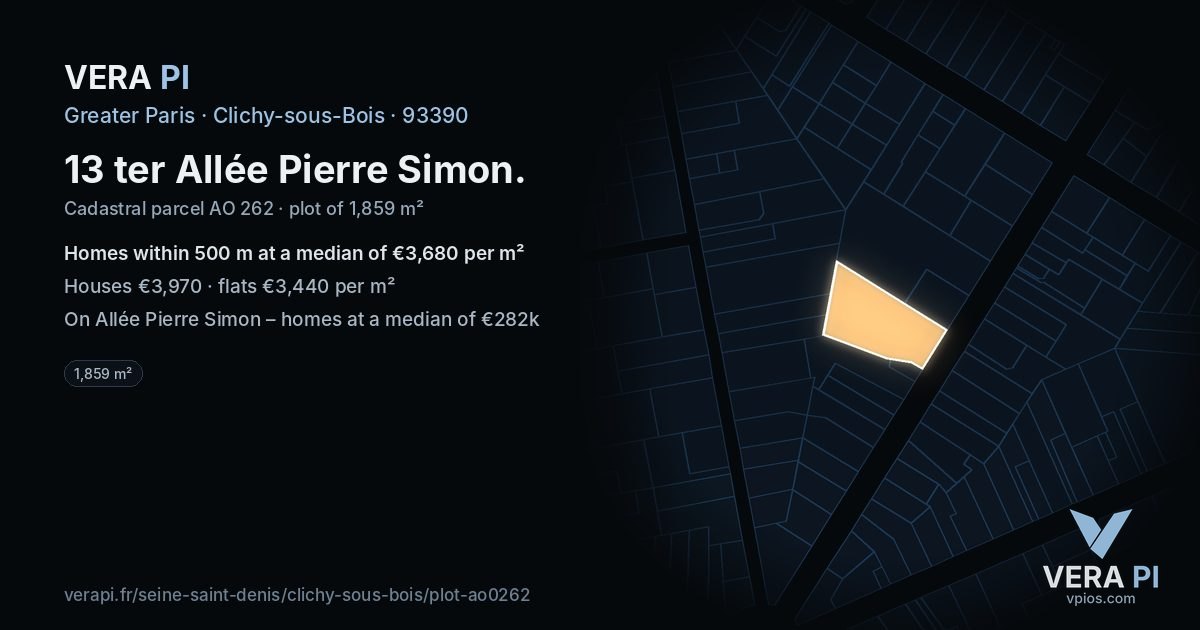 13 ter Allée Pierre Simon, Clichy-sous-Bois at night – the plot lit, the parcels around coloured by the prices near them