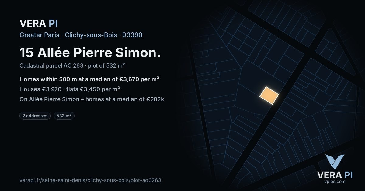 15 Allée Pierre Simon, Clichy-sous-Bois at night – the plot lit, the parcels around coloured by the prices near them