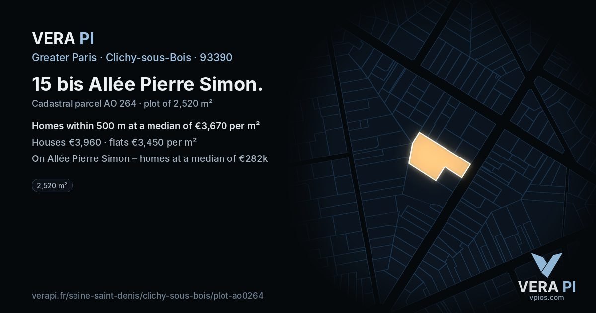 15 bis Allée Pierre Simon, Clichy-sous-Bois at night – the plot lit, the parcels around coloured by the prices near them