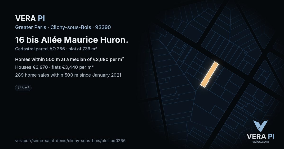 16 bis Allée Maurice Huron, Clichy-sous-Bois at night – the plot lit, the parcels around coloured by the prices near them