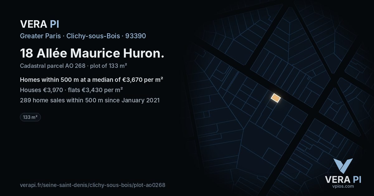 18 Allée Maurice Huron, Clichy-sous-Bois at night – the plot lit, the parcels around coloured by the prices near them