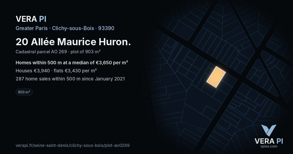 20 Allée Maurice Huron, Clichy-sous-Bois at night – the plot lit, the parcels around coloured by the prices near them