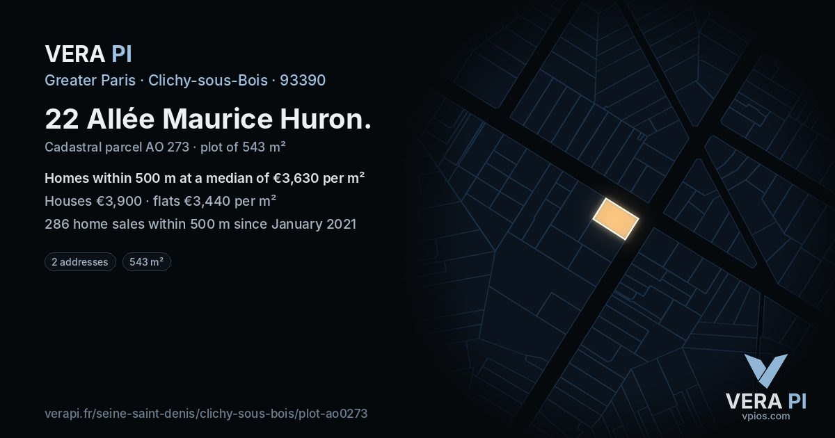 22 Allée Maurice Huron, Clichy-sous-Bois at night – the plot lit, the parcels around coloured by the prices near them