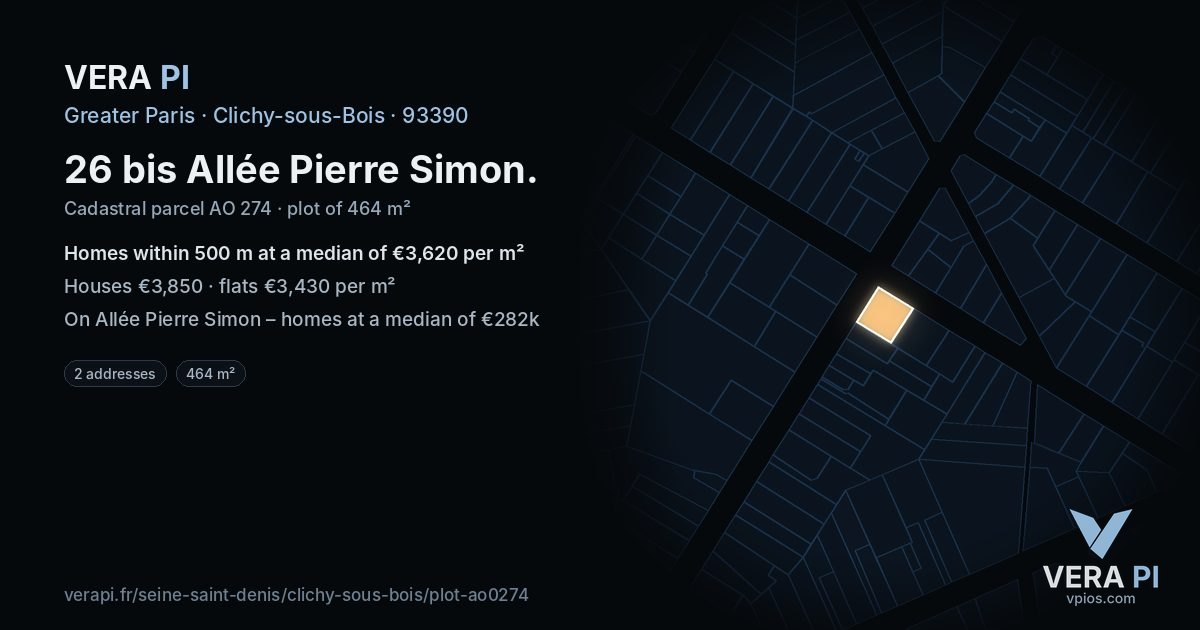26 bis Allée Pierre Simon, Clichy-sous-Bois at night – the plot lit, the parcels around coloured by the prices near them