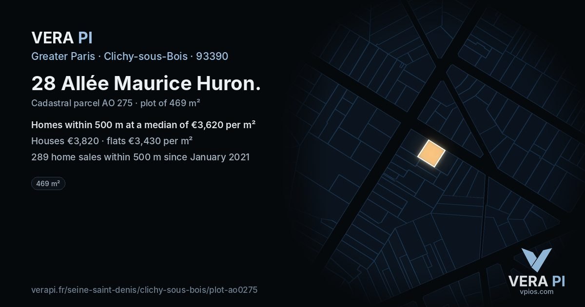 28 Allée Maurice Huron, Clichy-sous-Bois at night – the plot lit, the parcels around coloured by the prices near them