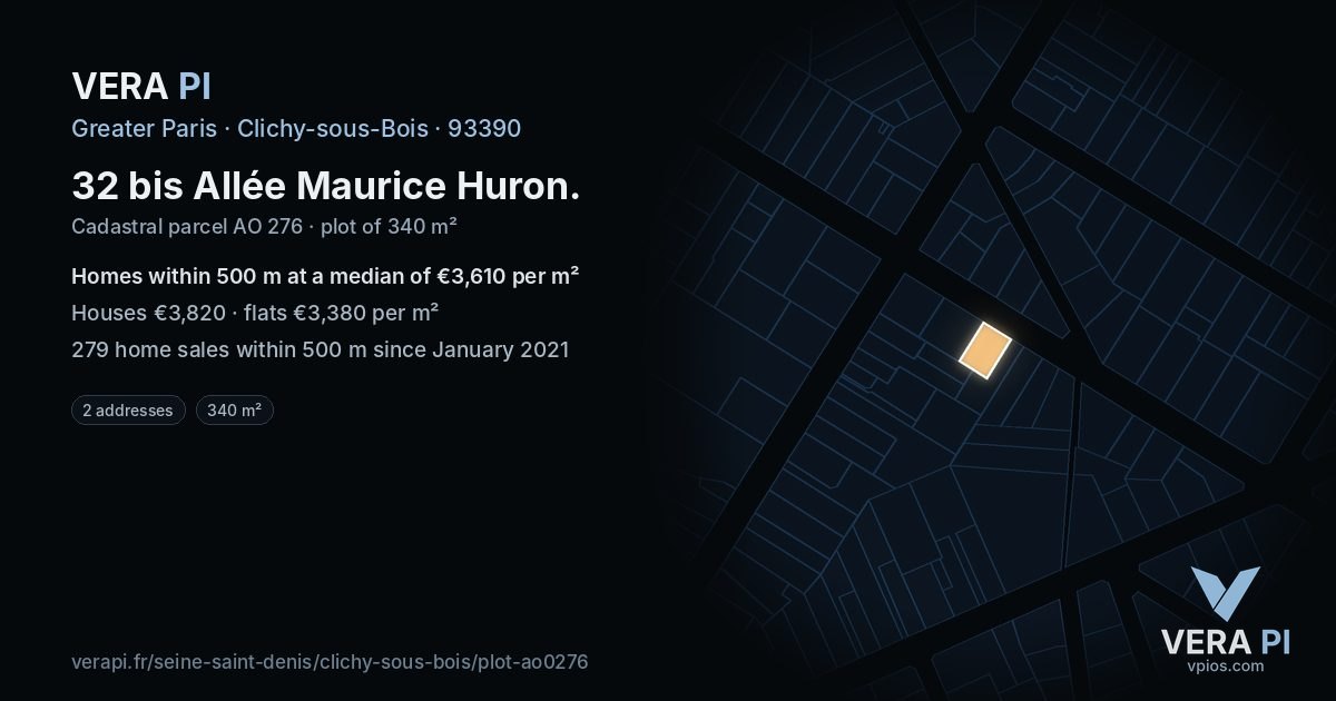 32 bis Allée Maurice Huron, Clichy-sous-Bois at night – the plot lit, the parcels around coloured by the prices near them