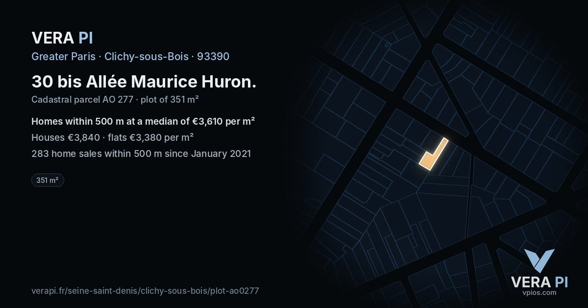 30 bis Allée Maurice Huron, Clichy-sous-Bois at night – the plot lit, the parcels around coloured by the prices near them