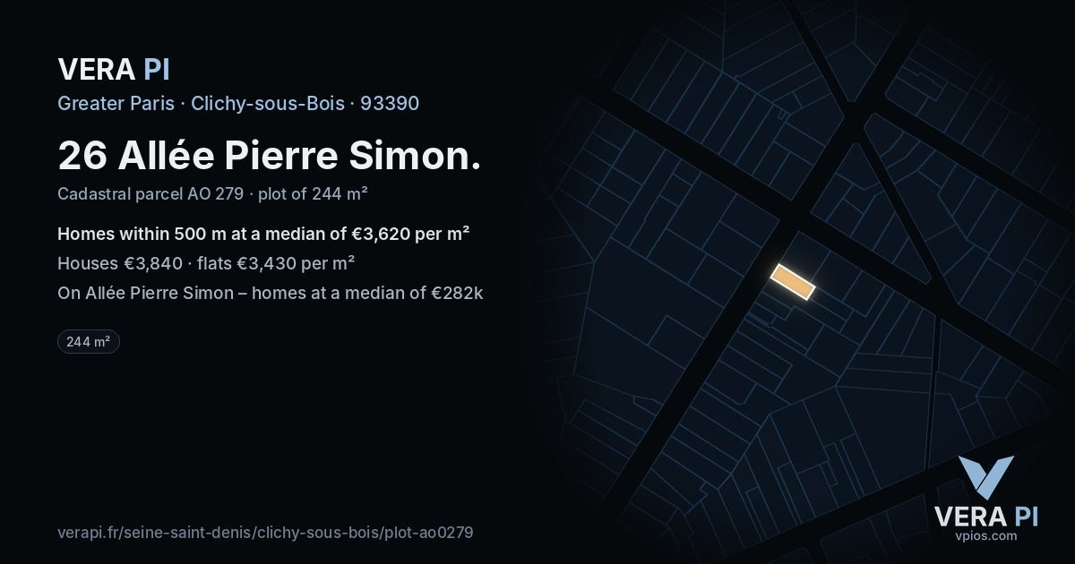 26 Allée Pierre Simon, Clichy-sous-Bois at night – the plot lit, the parcels around coloured by the prices near them