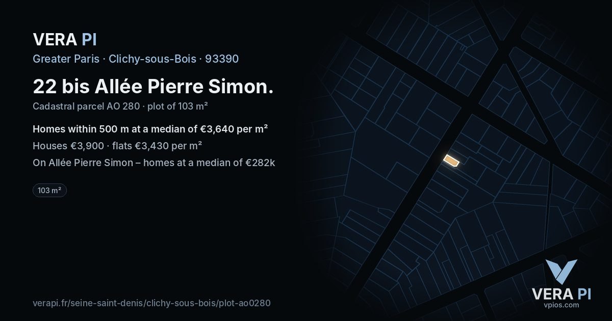 22 bis Allée Pierre Simon, Clichy-sous-Bois at night – the plot lit, the parcels around coloured by the prices near them