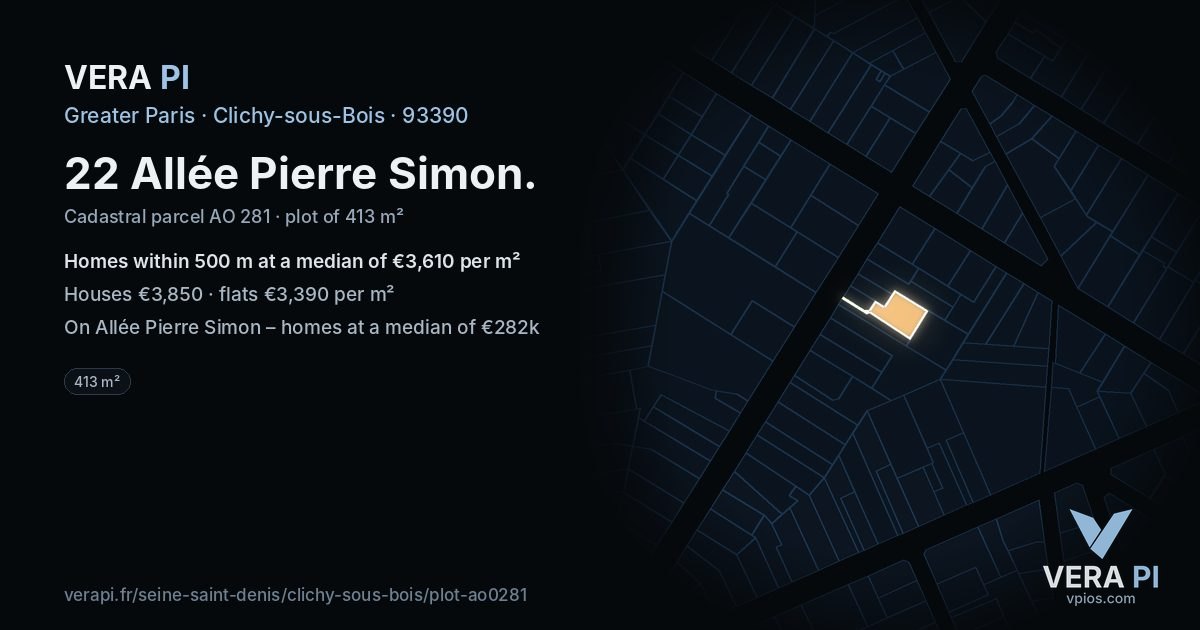 22 Allée Pierre Simon, Clichy-sous-Bois at night – the plot lit, the parcels around coloured by the prices near them