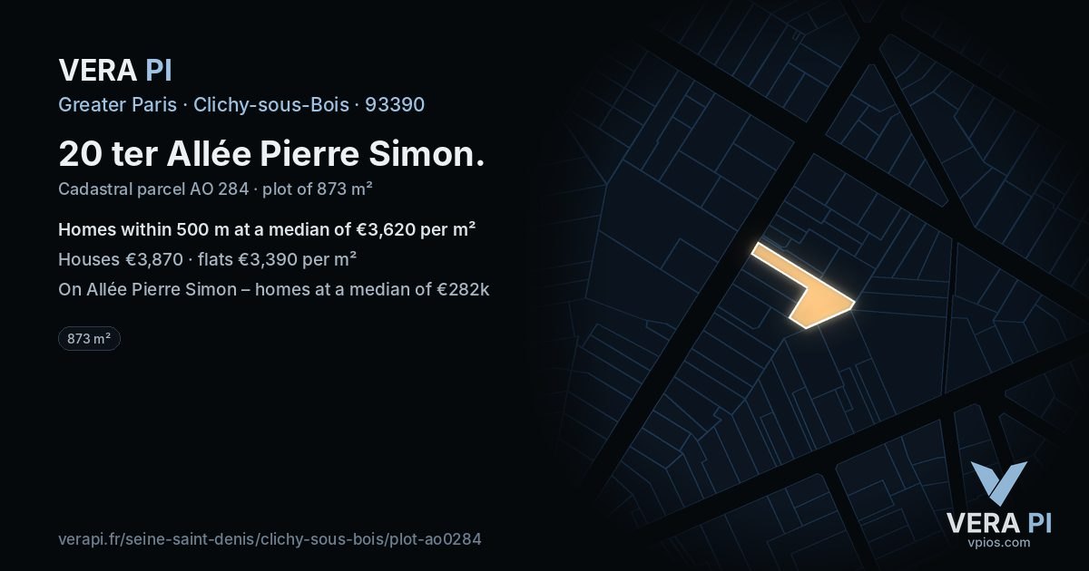 20 ter Allée Pierre Simon, Clichy-sous-Bois at night – the plot lit, the parcels around coloured by the prices near them