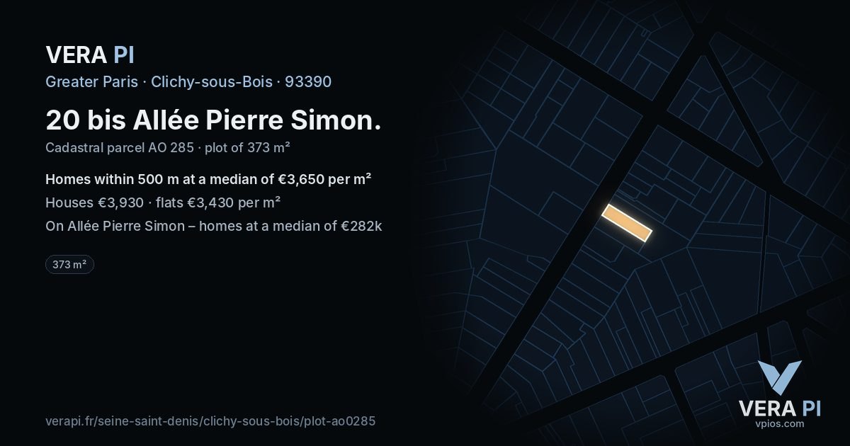 20 bis Allée Pierre Simon, Clichy-sous-Bois at night – the plot lit, the parcels around coloured by the prices near them