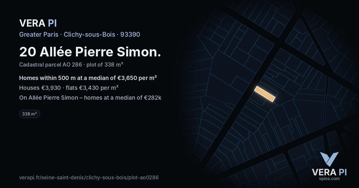20 Allée Pierre Simon, Clichy-sous-Bois at night – the plot lit, the parcels around coloured by the prices near them