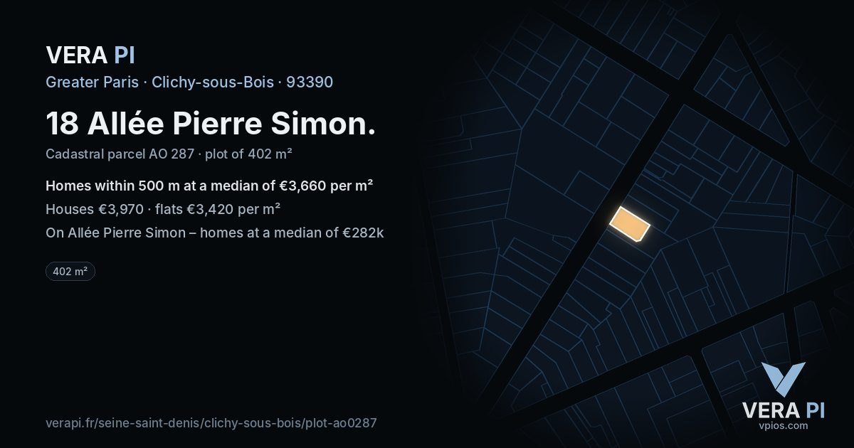 18 Allée Pierre Simon, Clichy-sous-Bois at night – the plot lit, the parcels around coloured by the prices near them