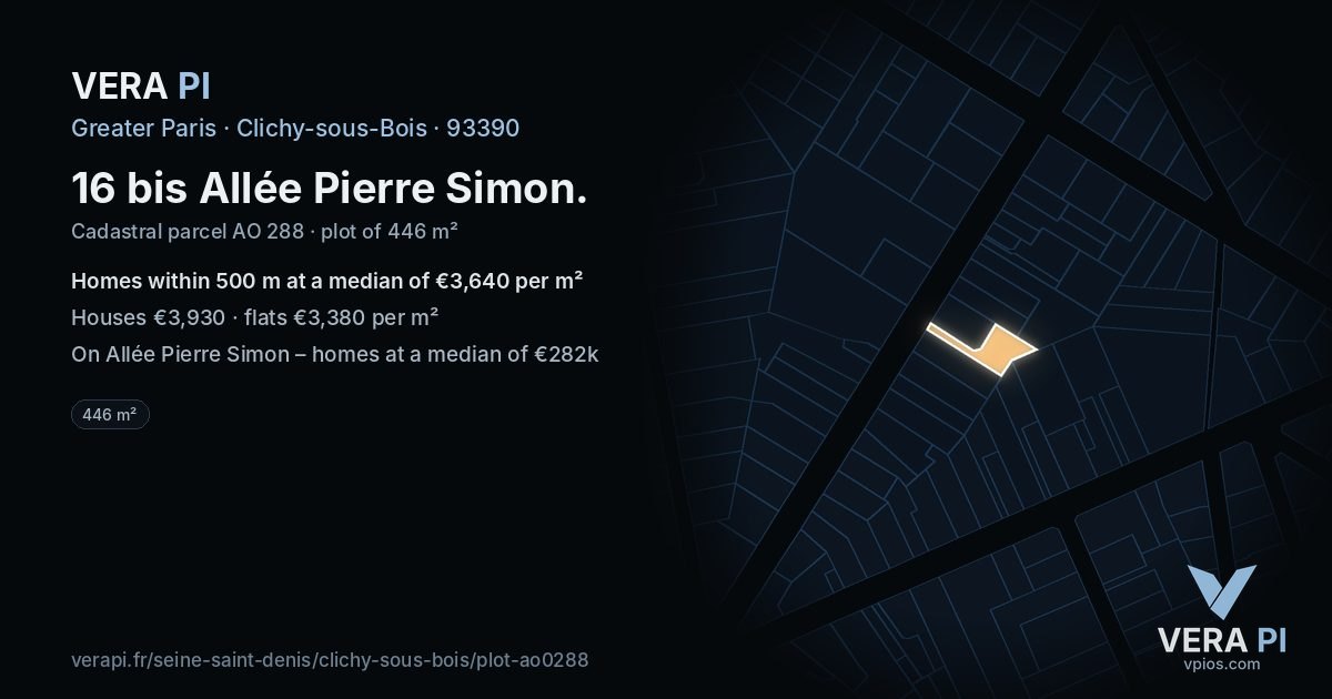 16 bis Allée Pierre Simon, Clichy-sous-Bois at night – the plot lit, the parcels around coloured by the prices near them