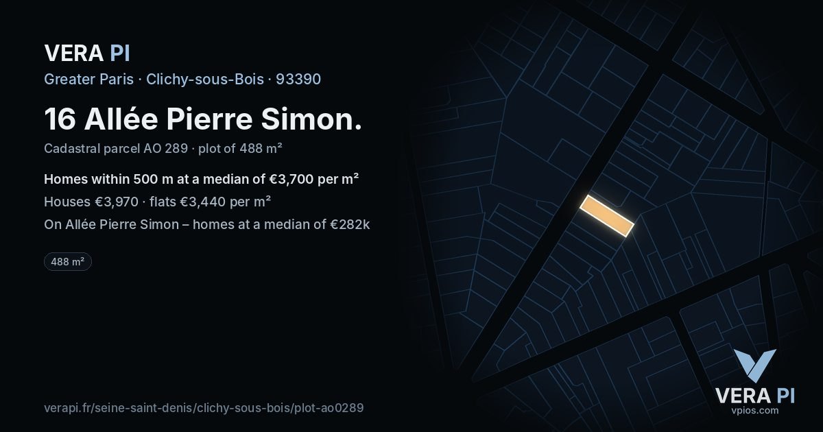 16 Allée Pierre Simon, Clichy-sous-Bois at night – the plot lit, the parcels around coloured by the prices near them