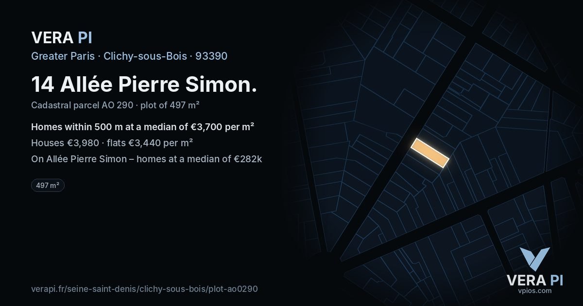 14 Allée Pierre Simon, Clichy-sous-Bois at night – the plot lit, the parcels around coloured by the prices near them