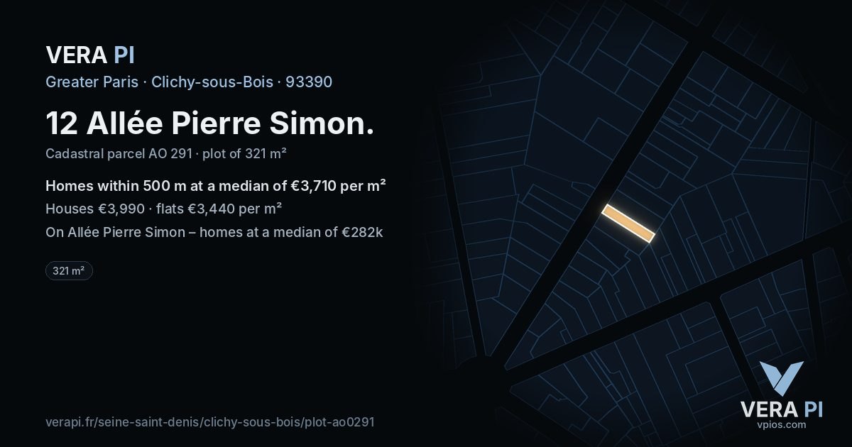 12 Allée Pierre Simon, Clichy-sous-Bois at night – the plot lit, the parcels around coloured by the prices near them