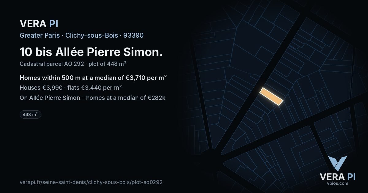 10 bis Allée Pierre Simon, Clichy-sous-Bois at night – the plot lit, the parcels around coloured by the prices near them