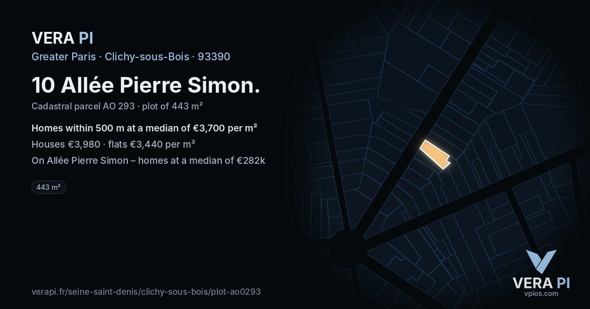 10 Allée Pierre Simon, Clichy-sous-Bois at night – the plot lit, the parcels around coloured by the prices near them
