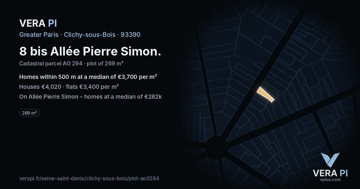 8 bis Allée Pierre Simon, Clichy-sous-Bois at night – the plot lit, the parcels around coloured by the prices near them