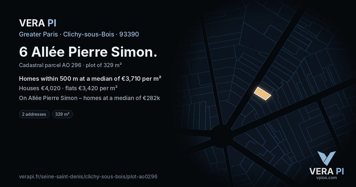 6 Allée Pierre Simon, Clichy-sous-Bois at night – the plot lit, the parcels around coloured by the prices near them