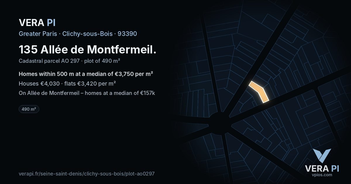 135 Allée de Montfermeil, Clichy-sous-Bois at night – the plot lit, the parcels around coloured by the prices near them