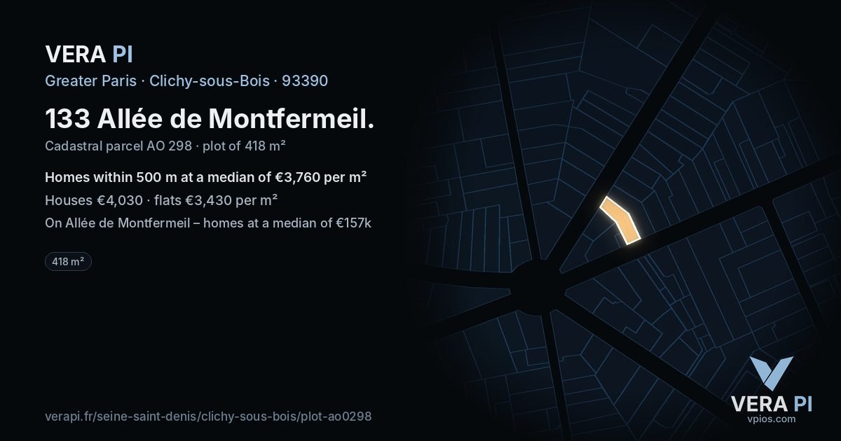 133 Allée de Montfermeil, Clichy-sous-Bois at night – the plot lit, the parcels around coloured by the prices near them