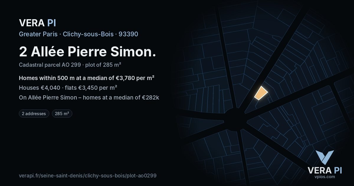 2 Allée Pierre Simon, Clichy-sous-Bois at night – the plot lit, the parcels around coloured by the prices near them