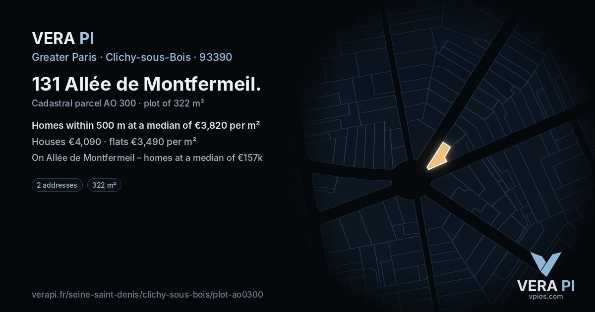 131 Allée de Montfermeil, Clichy-sous-Bois at night – the plot lit, the parcels around coloured by the prices near them