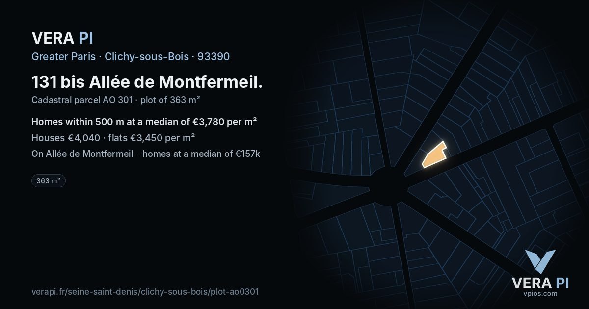 131 bis Allée de Montfermeil, Clichy-sous-Bois at night – the plot lit, the parcels around coloured by the prices near them