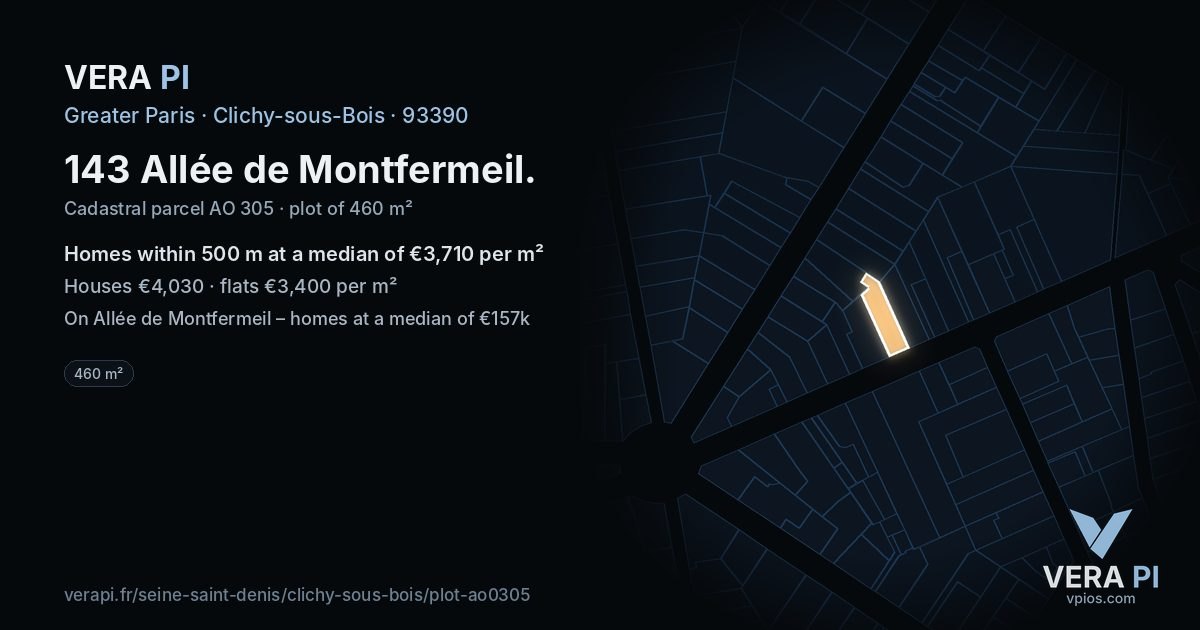 143 Allée de Montfermeil, Clichy-sous-Bois at night – the plot lit, the parcels around coloured by the prices near them