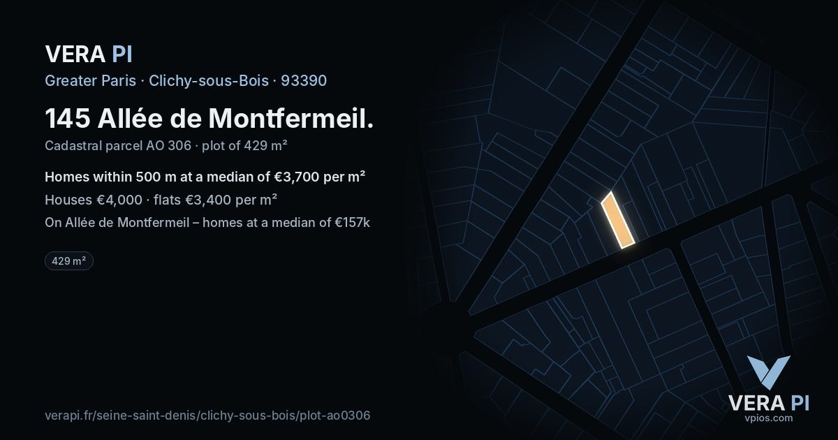 145 Allée de Montfermeil, Clichy-sous-Bois at night – the plot lit, the parcels around coloured by the prices near them