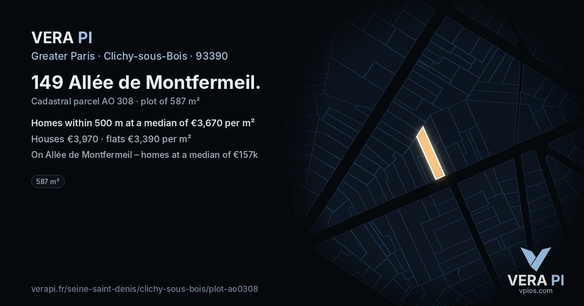 149 Allée de Montfermeil, Clichy-sous-Bois at night – the plot lit, the parcels around coloured by the prices near them