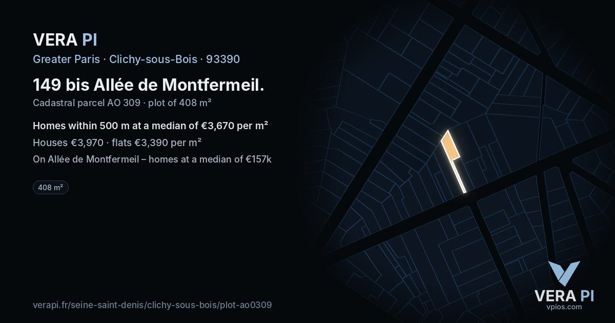 149 bis Allée de Montfermeil, Clichy-sous-Bois at night – the plot lit, the parcels around coloured by the prices near them