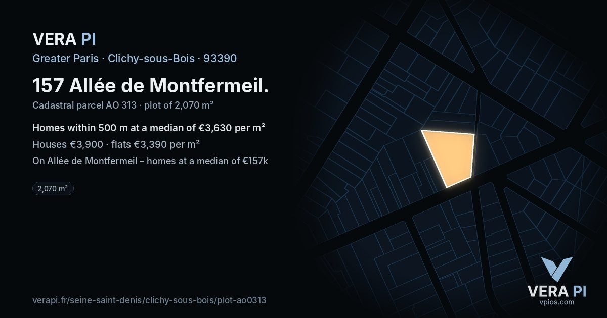 157 Allée de Montfermeil, Clichy-sous-Bois at night – the plot lit, the parcels around coloured by the prices near them