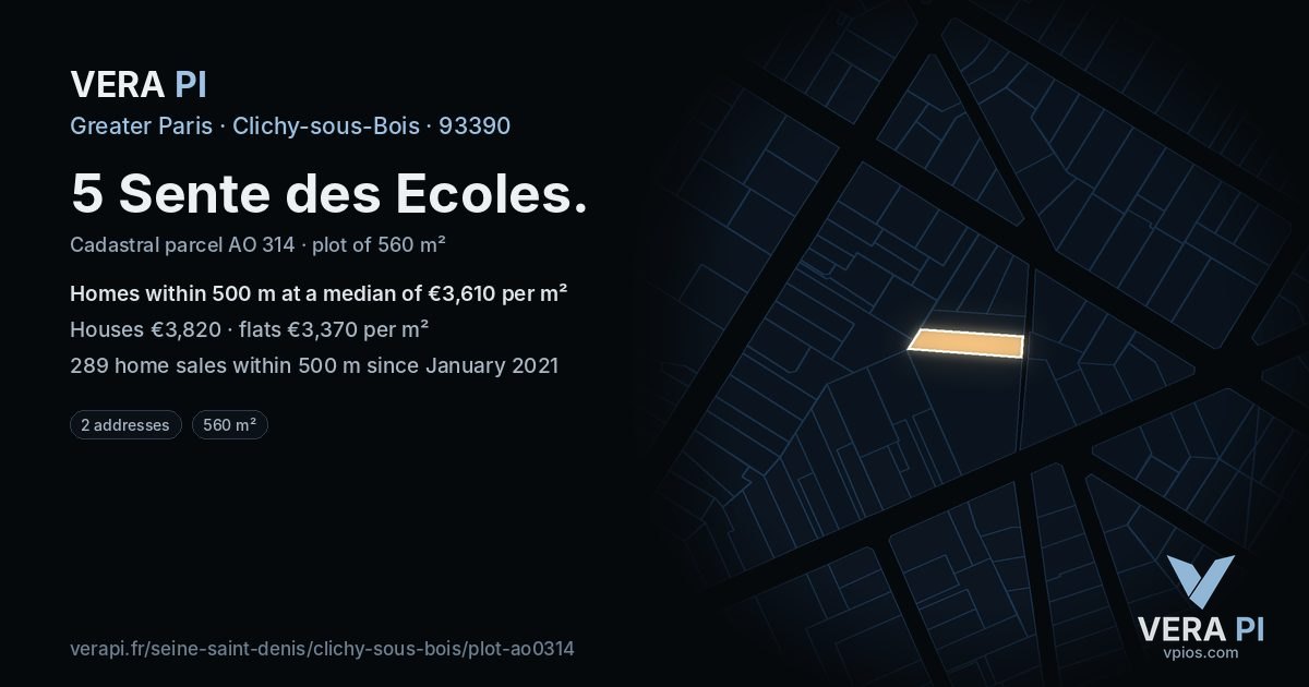 5 Sente des Ecoles, Clichy-sous-Bois at night – the plot lit, the parcels around coloured by the prices near them