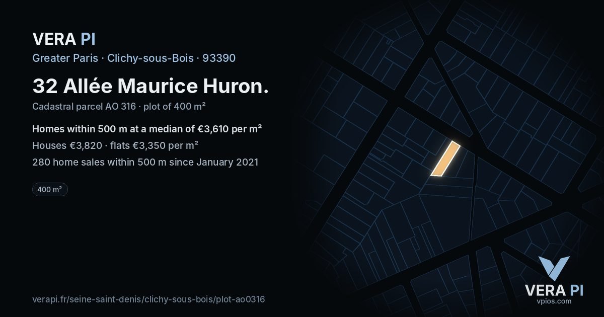 32 Allée Maurice Huron, Clichy-sous-Bois at night – the plot lit, the parcels around coloured by the prices near them