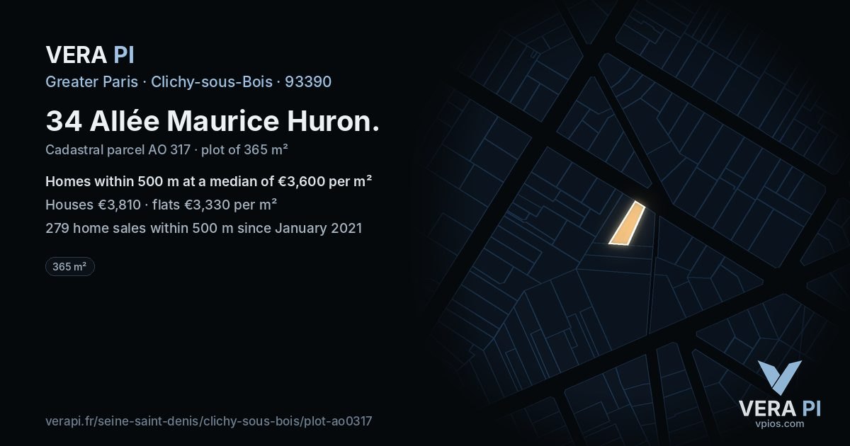 34 Allée Maurice Huron, Clichy-sous-Bois at night – the plot lit, the parcels around coloured by the prices near them