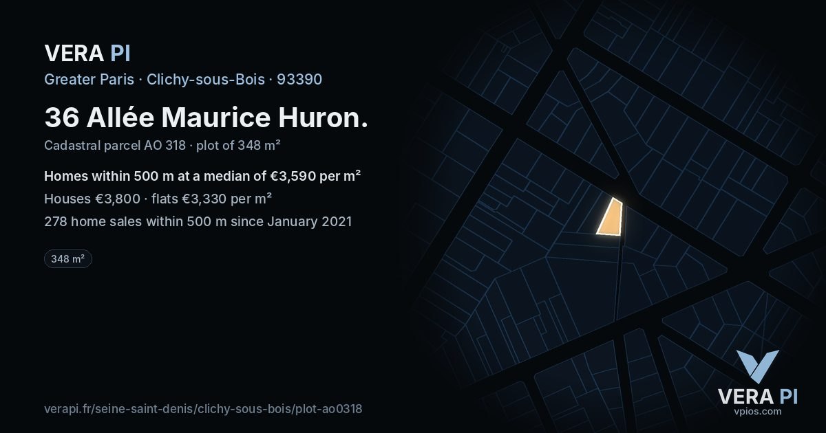 36 Allée Maurice Huron, Clichy-sous-Bois at night – the plot lit, the parcels around coloured by the prices near them