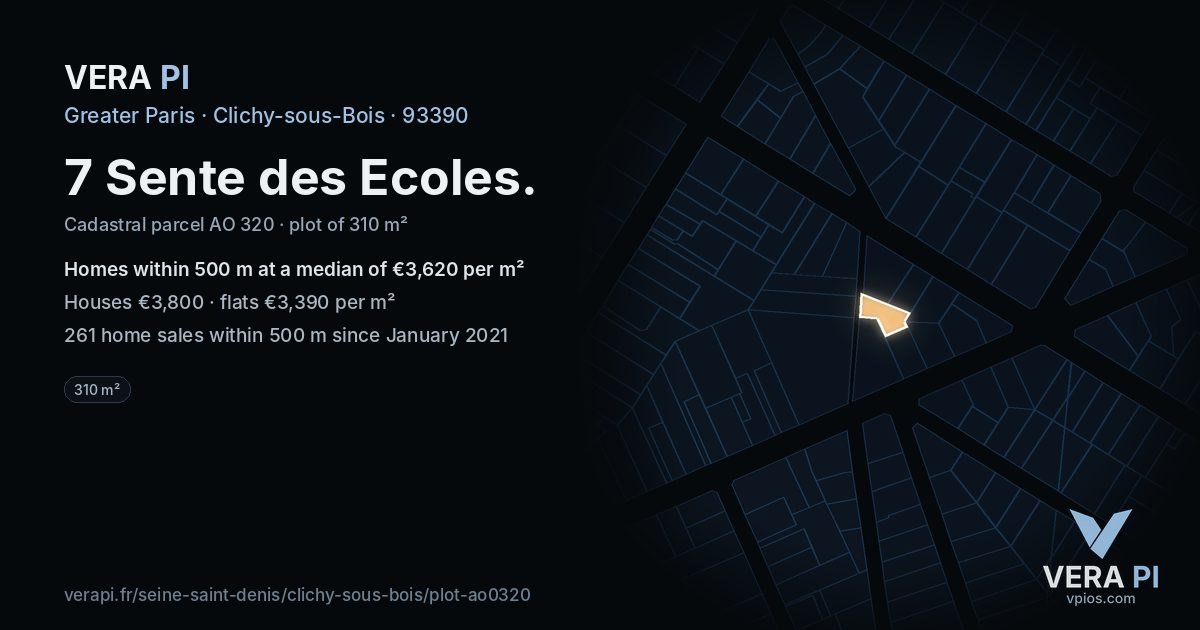 7 Sente des Ecoles, Clichy-sous-Bois at night – the plot lit, the parcels around coloured by the prices near them