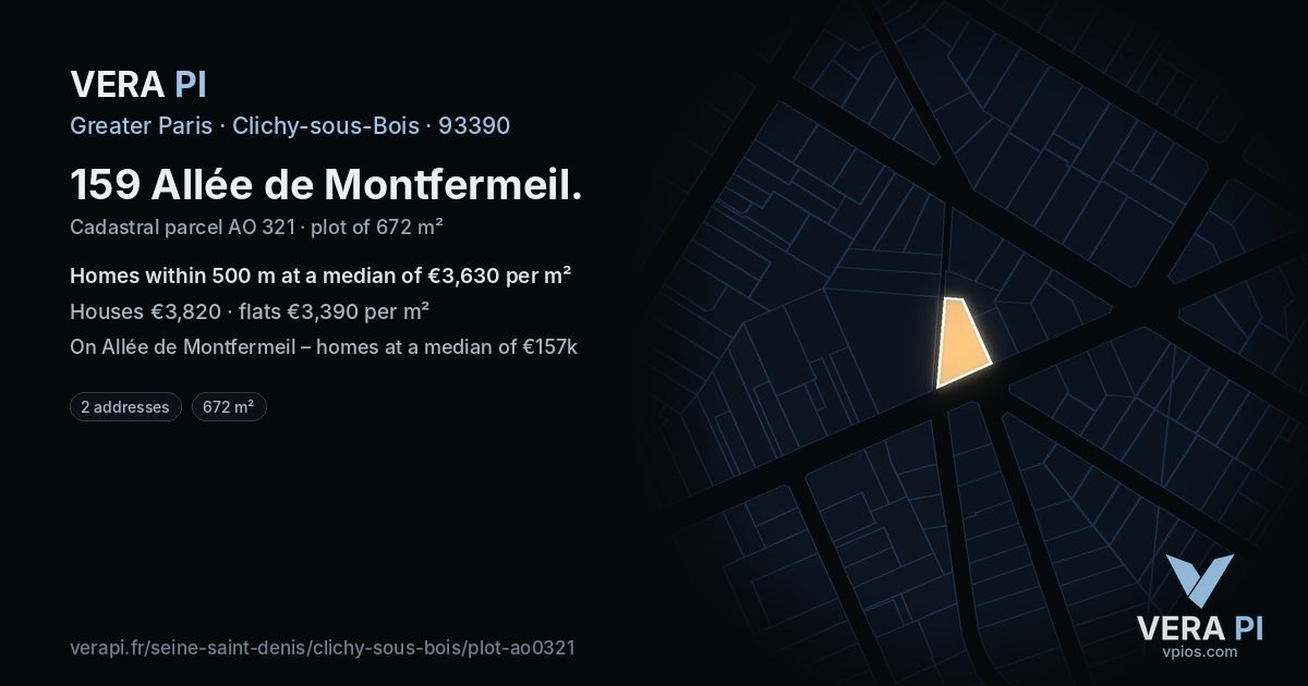 159 Allée de Montfermeil, Clichy-sous-Bois at night – the plot lit, the parcels around coloured by the prices near them