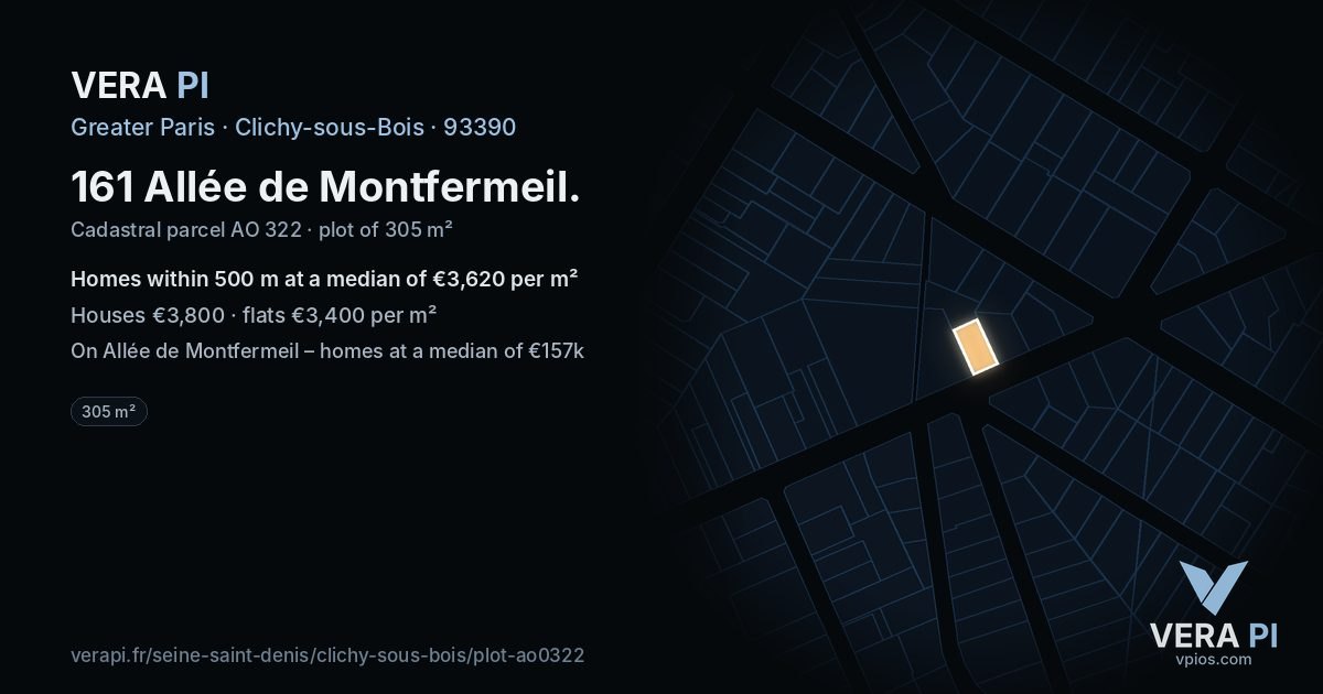 161 Allée de Montfermeil, Clichy-sous-Bois at night – the plot lit, the parcels around coloured by the prices near them