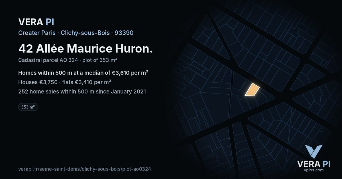 42 Allée Maurice Huron, Clichy-sous-Bois at night – the plot lit, the parcels around coloured by the prices near them