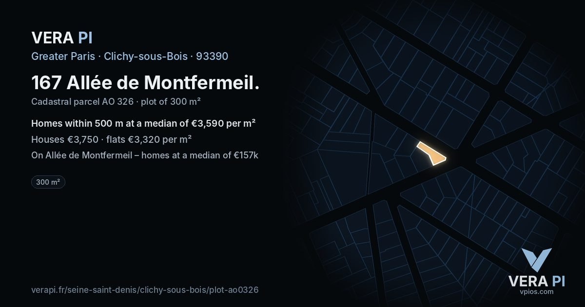 167 Allée de Montfermeil, Clichy-sous-Bois at night – the plot lit, the parcels around coloured by the prices near them