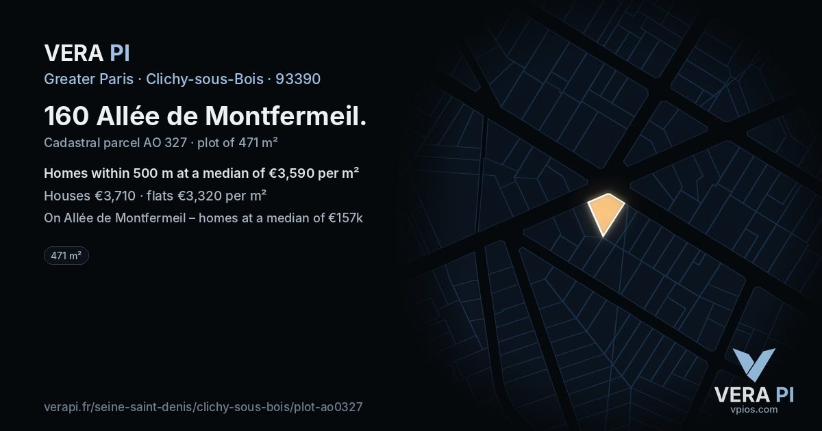 160 Allée de Montfermeil, Clichy-sous-Bois at night – the plot lit, the parcels around coloured by the prices near them