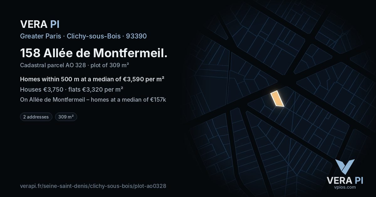 158 Allée de Montfermeil, Clichy-sous-Bois at night – the plot lit, the parcels around coloured by the prices near them