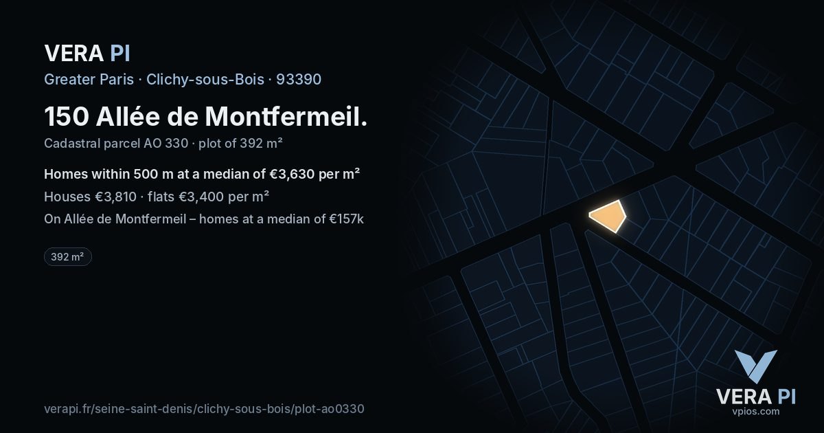 150 Allée de Montfermeil, Clichy-sous-Bois at night – the plot lit, the parcels around coloured by the prices near them