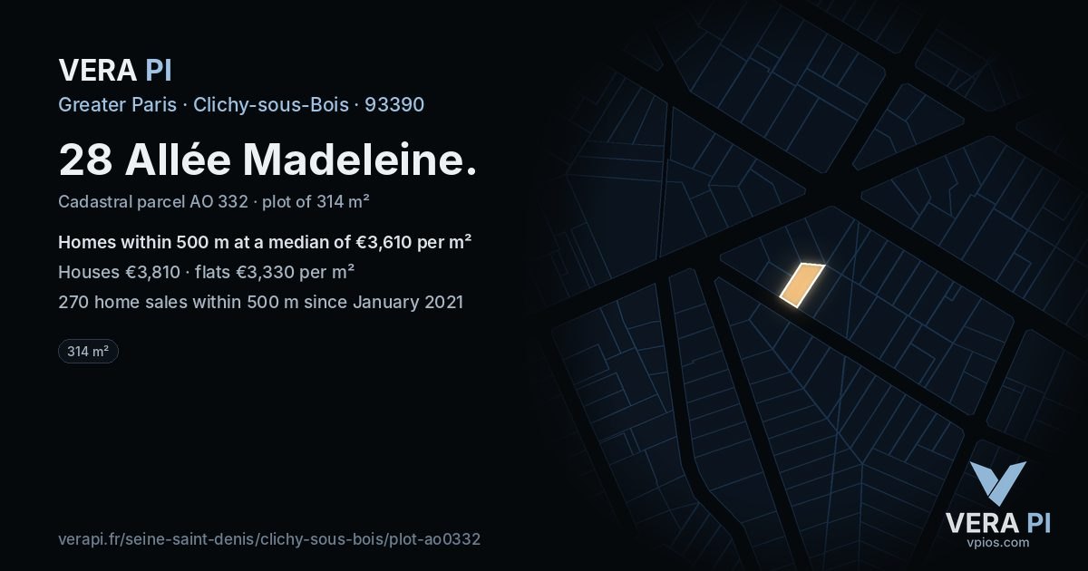 28 Allée Madeleine, Clichy-sous-Bois at night – the plot lit, the parcels around coloured by the prices near them