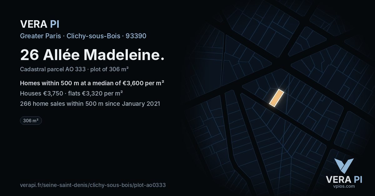 26 Allée Madeleine, Clichy-sous-Bois at night – the plot lit, the parcels around coloured by the prices near them